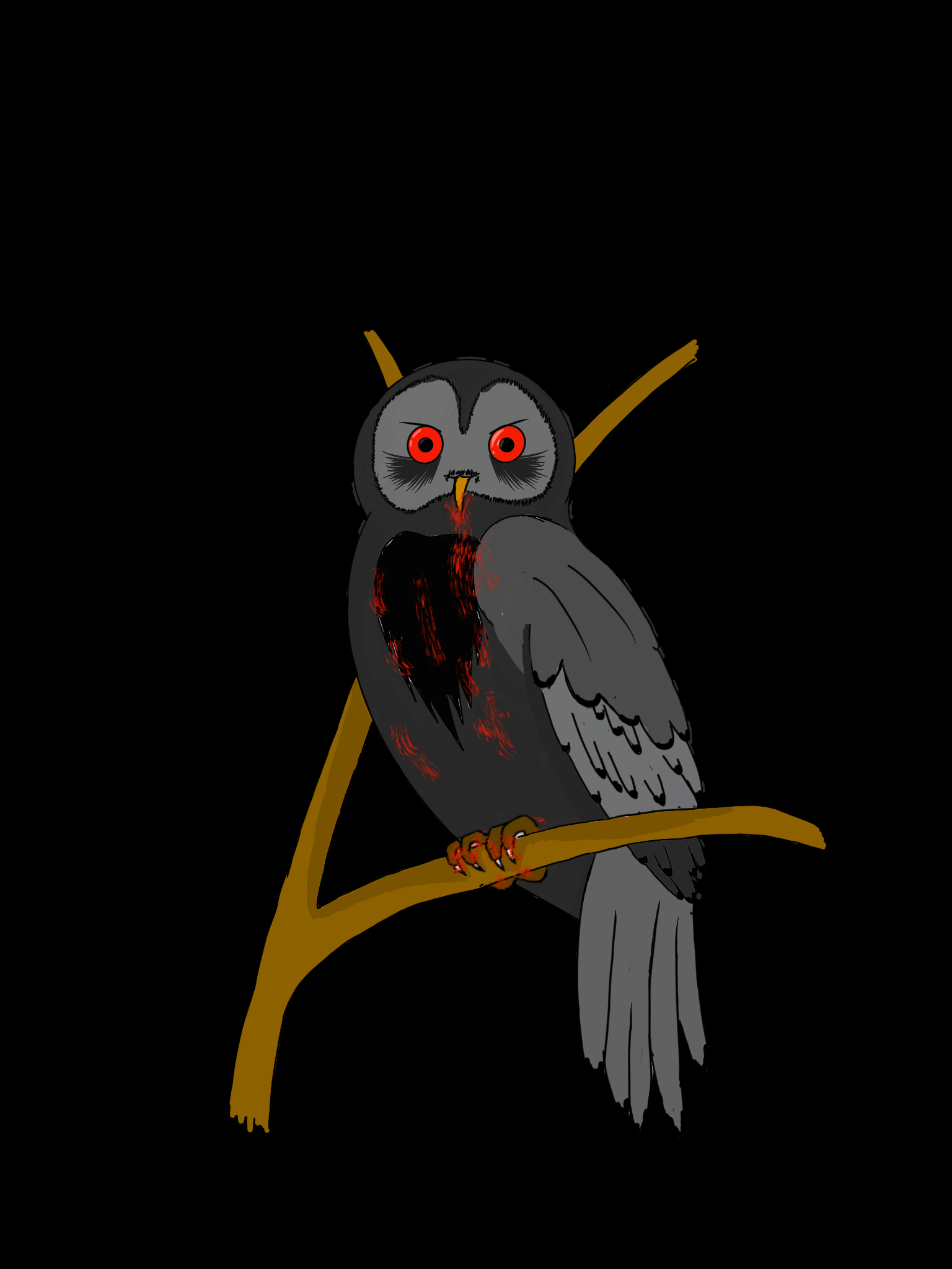 A cartoon illustration of an owl with red eyes and blood dripping from its beak, sitting on a tree branch with a dark background.
