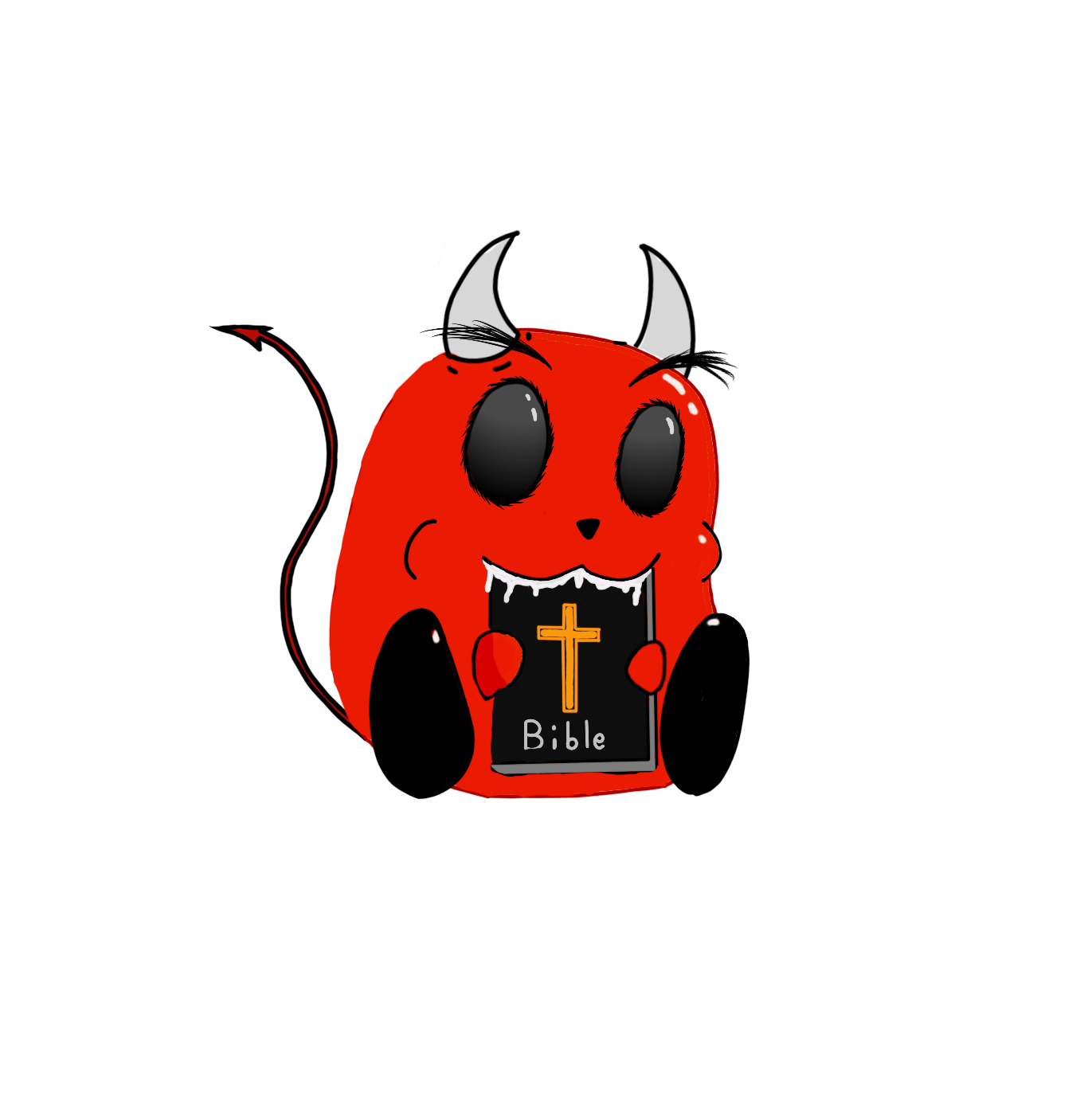A cartoon red ladybug with large black eyes and a big smile, holding a black Bible with a gold cross on the cover. The ladybug is wearing a white head covering, and the background features black and red sections.