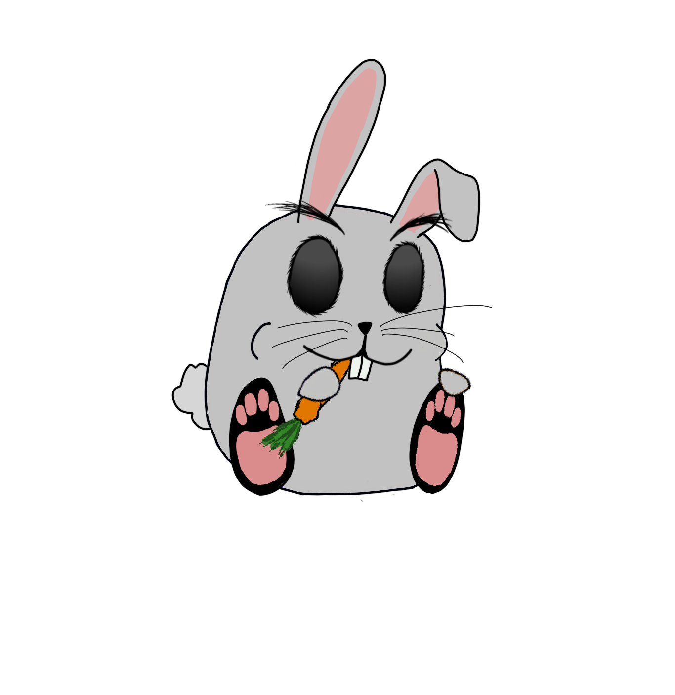 A cute cartoon bunny with large black eyes and pink paw pads, holding a small orange carrot with green leaves in its mouth, sitting with its paws raised.