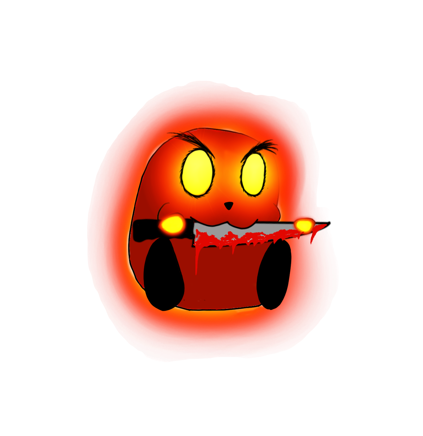 A digital illustration of a red, round creature with cat-like features, holding a glowing sword in its mouth, with yellow eyes, black paws, and an ominous appearance.