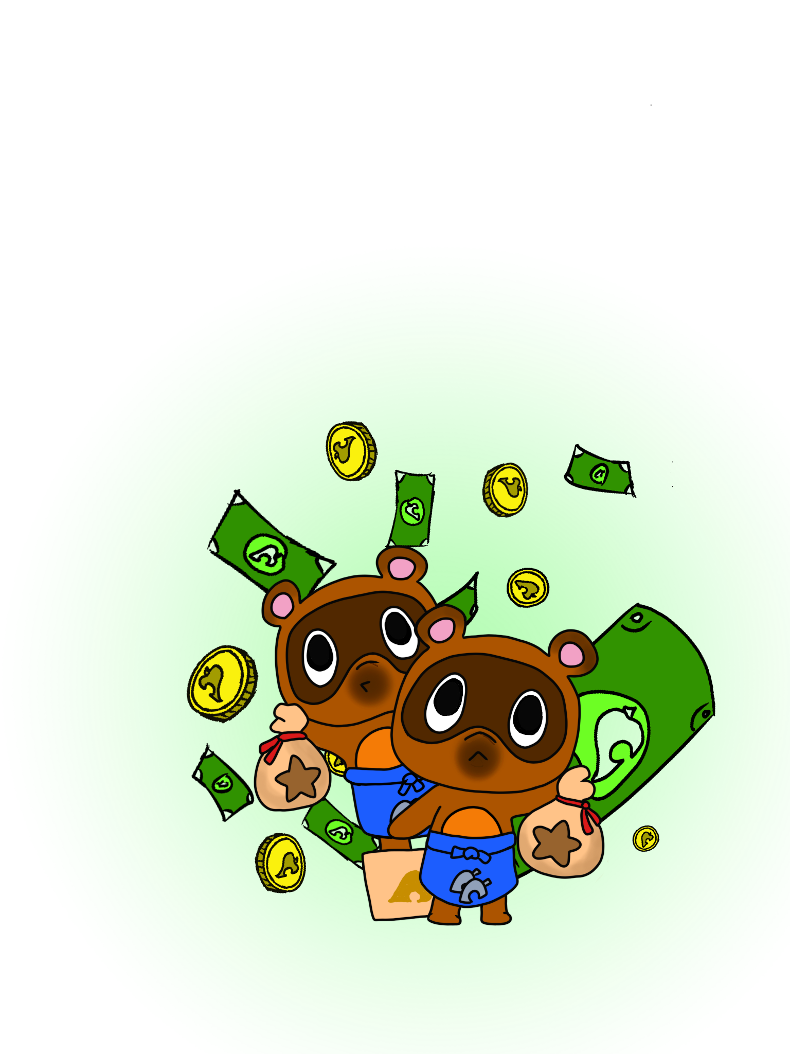 Two cartoon characters with bear faces, dressed in blue shorts, standing amidst falling cash and gold coins, against a light green background.