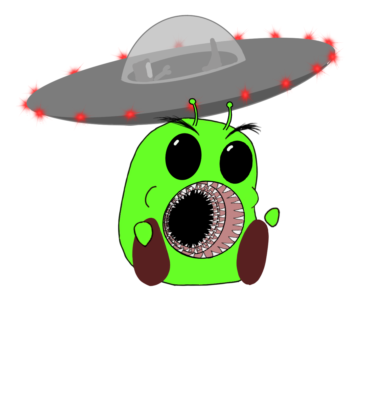 A cartoon green alien with large black eyes, brown hands and feet, and sharp teeth inside its wide open mouth. The alien has two antennae on its head. It is wearing a flying saucer-like spaceship on its head, which is gray with red glowing lights aro