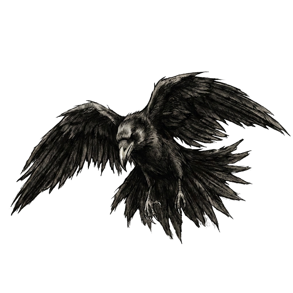 Black and white illustration of a bird of prey, possibly a hawk or an eagle, with wings spread wide and head bowed.