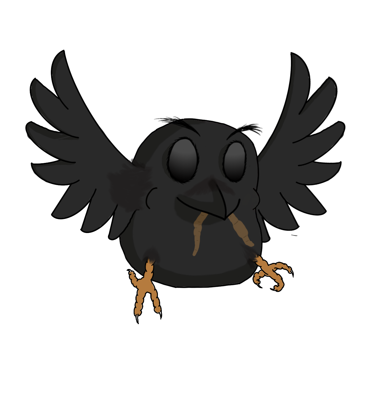 Black cartoon bird with wings spread, large eyes, holding a toothpick in its beak, and having orange feet.