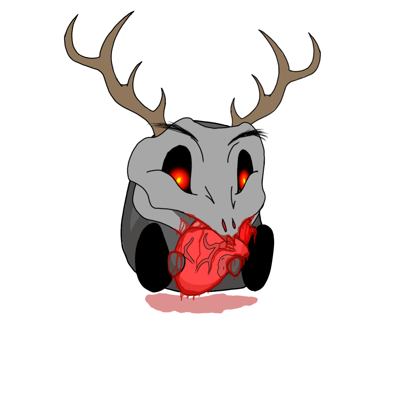 A dark illustration of a cartoon skull with deer antlers, glowing red eyes, and a demonic smile, with a bleeding heart in its mouth against a black background.