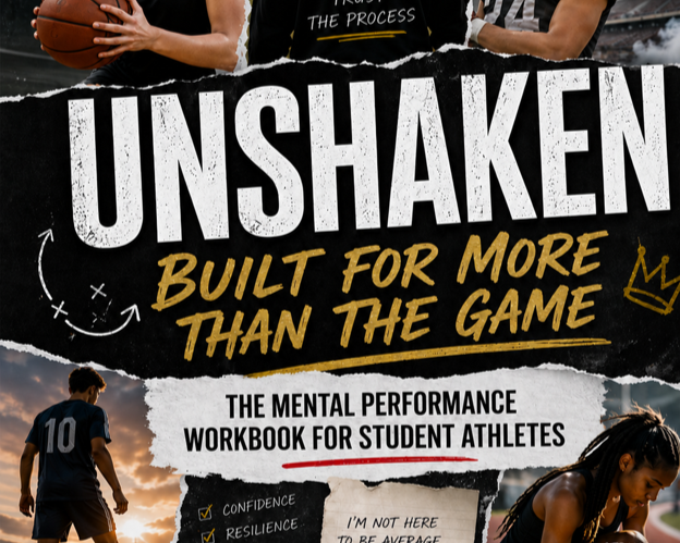 Book cover featuring basketball, football, and soccer athletes for UNSHAKEN, a mental performance workbook focused on confidence, focus, and resilience.