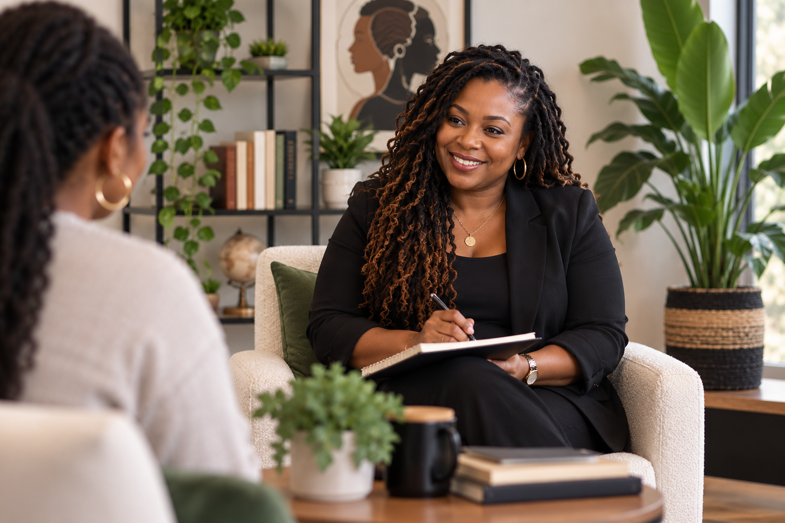 This is a photo of 2 professional women working at a table and collaborating together. This is what LPC and LMFT-supervision is like with Latasha Teamer, a black therapist in San Antonio that offers supervision for LPC-Associates