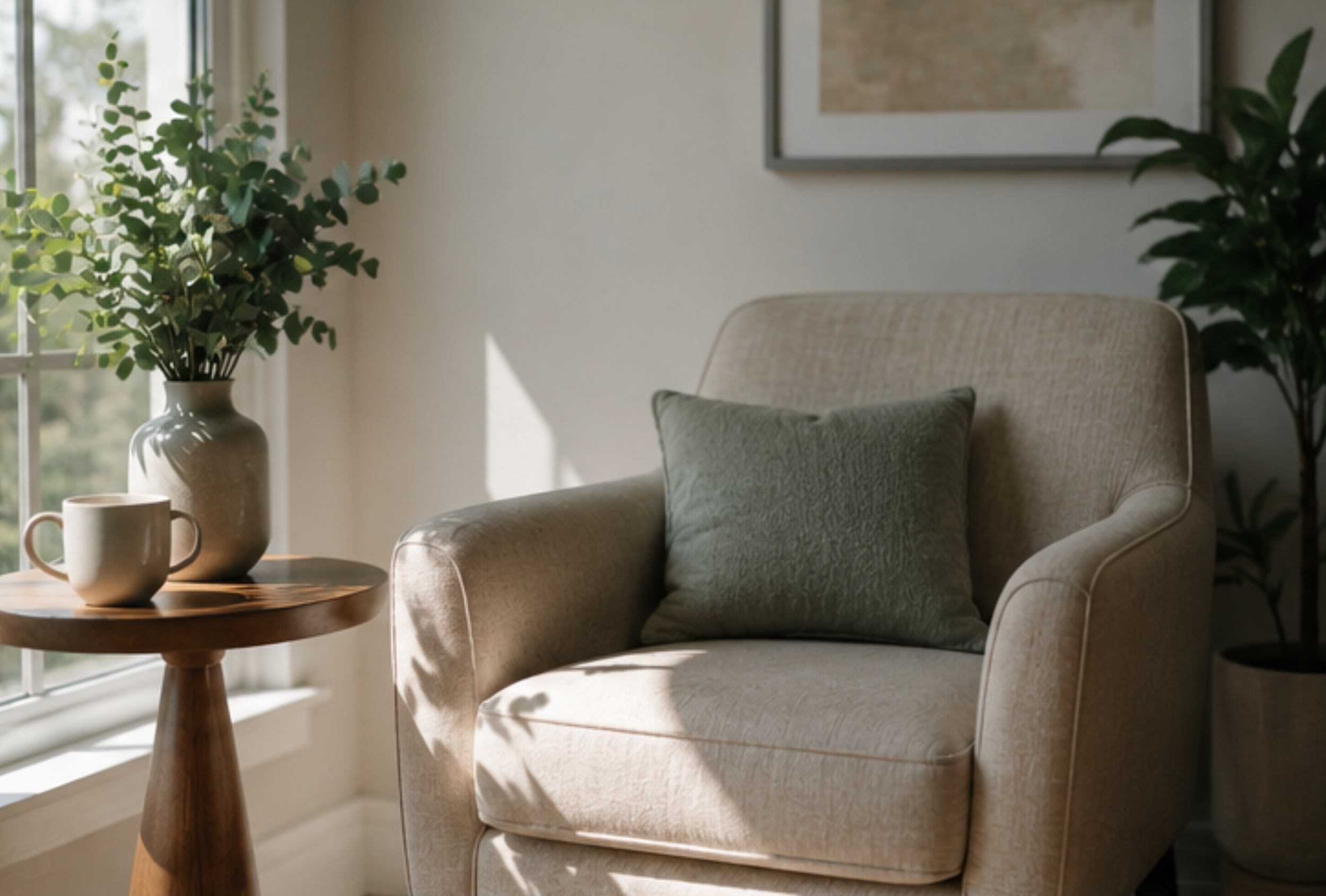 This is a photo of a counseling office in Schertz that has a brown table with a small mug and vase on top of it. The table is next to a cream colored chair with a sage pillow.