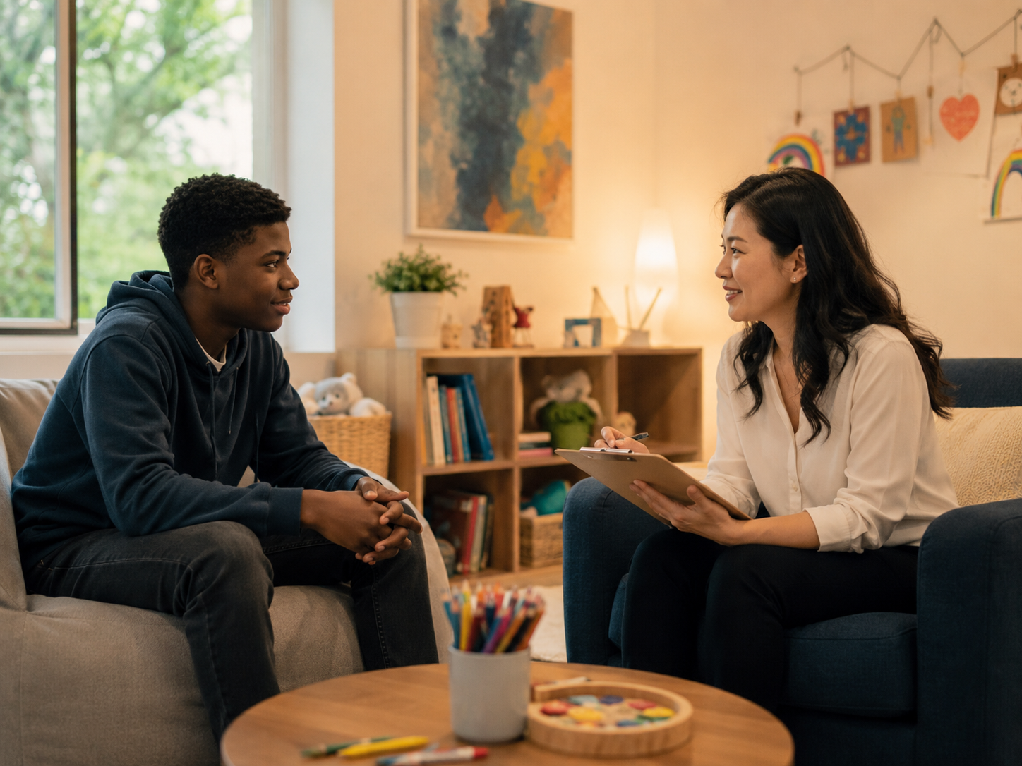 Two chairs in a welcoming counseling office, representing informed decisions, therapy expectations, and understanding mental health care.
