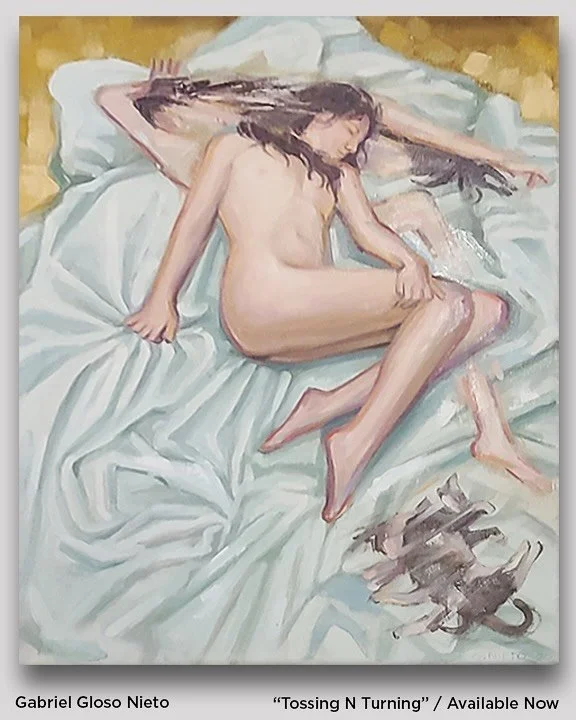 Tangled limbs and lucid dreams by @gloso_nieto🌛✨On display now 

ARTIST: Gabriel Gloso Nieto 
&ldquo;Tossing N Turning&rdquo;
Oil on linen, 24x36&rdquo;

DM @artygoodness for sale inquiries or to book an appointment 

Guillotine Dreams 
Closing Rece