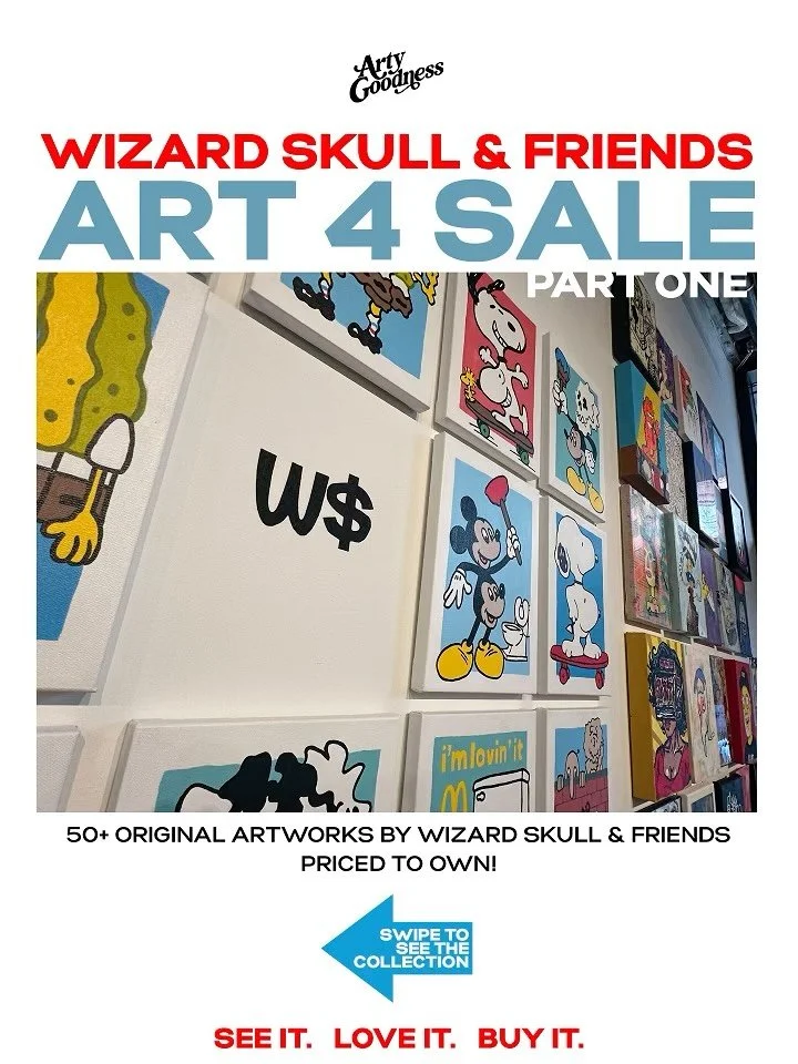 🔥Thanks to @wizardskull we&rsquo;ve got 50+ artworks by over 30 artists on display and PRICED TO OWN. Incidentally, we just learned that people who buy art are statistically proven to live longer, more fulfilling lives. DON&rsquo;T MISS OUT 🌀📺🍟🤡
