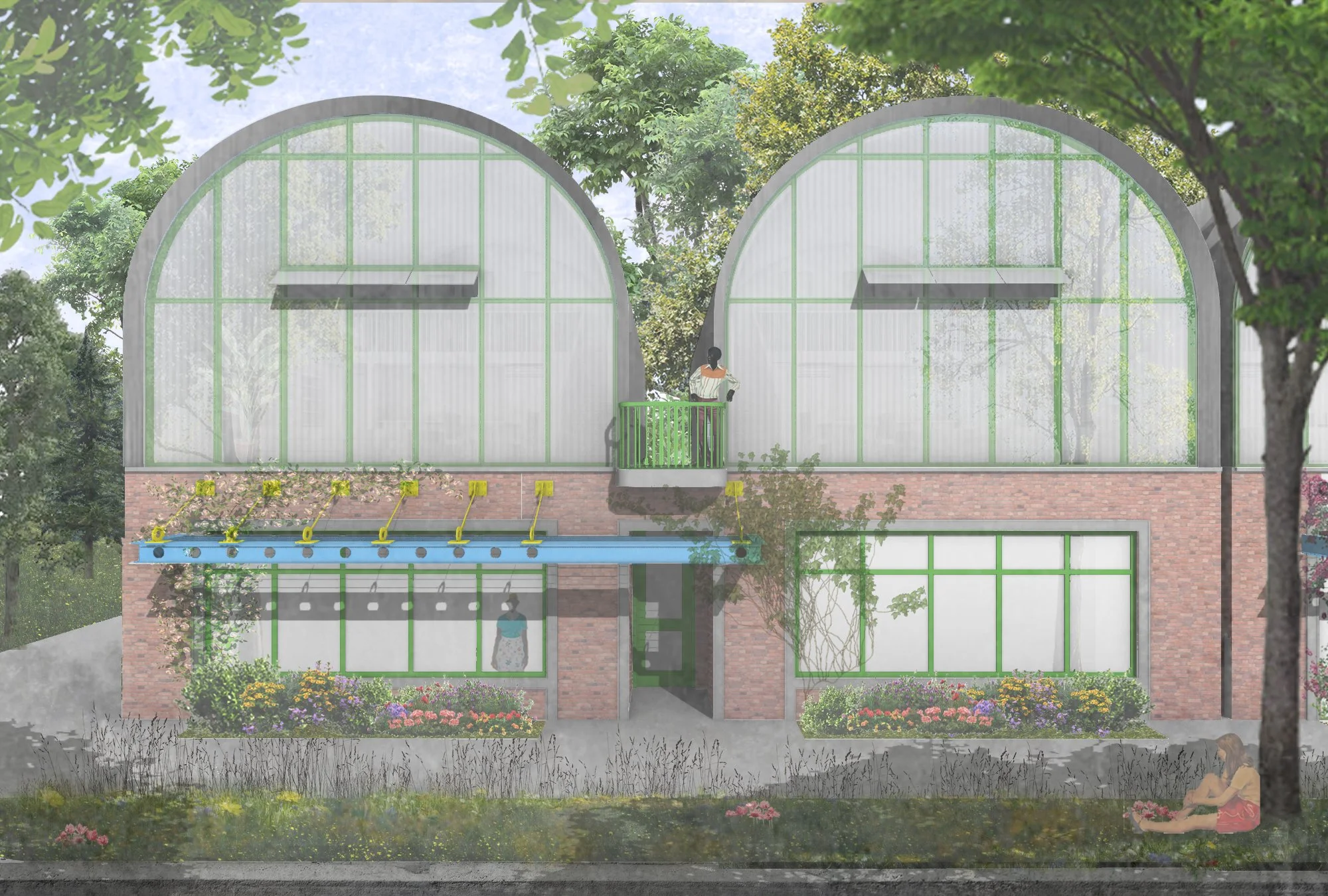 An Elevational Renderings of a Semi-Modular Townhouse Prototype set atop a Commercial Base in the Eastern Market of Detroit