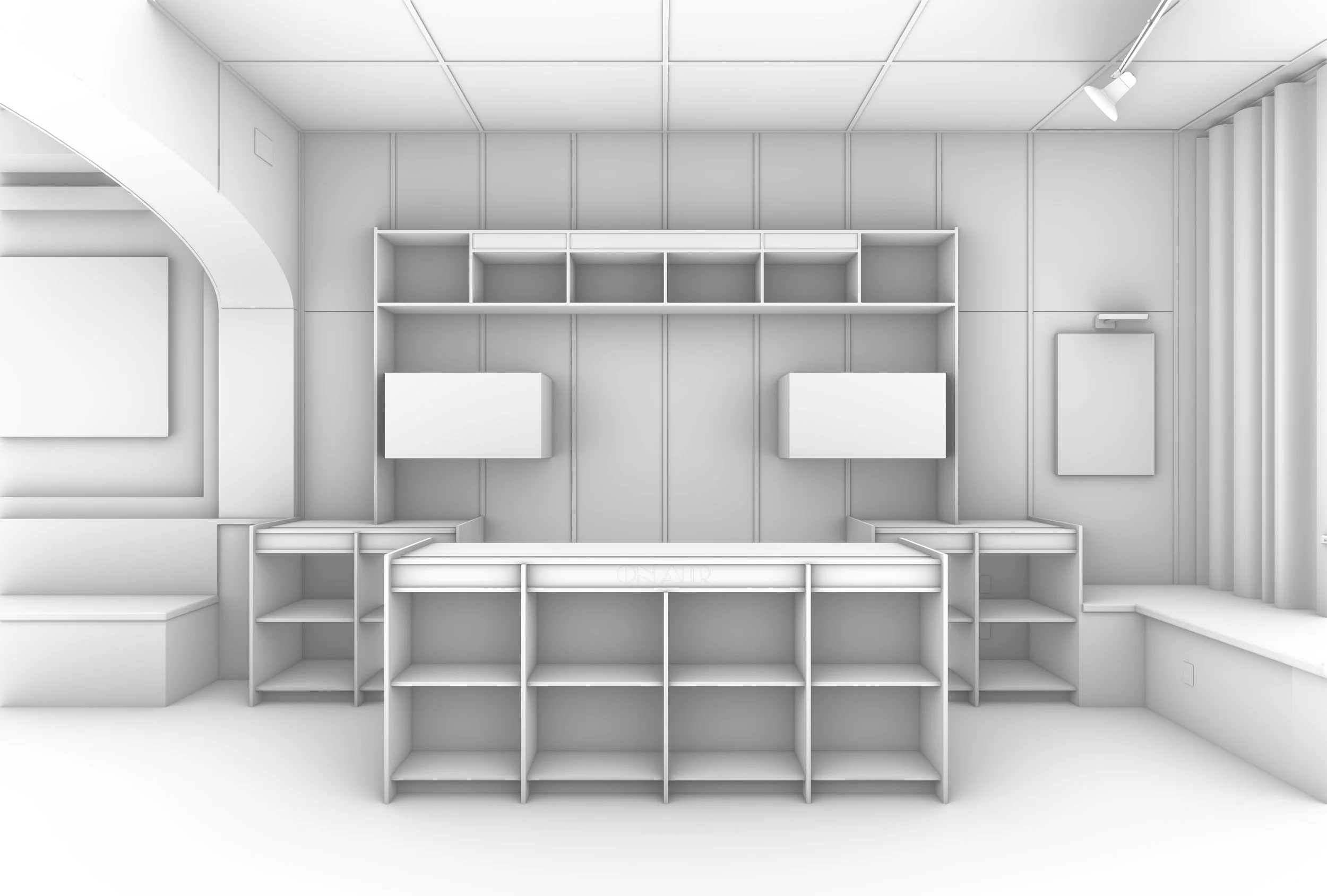 Dj booth and Record Wall Interior Rendering of Rent Free Wine Bar and Listening Lounge in Detroit Michigan