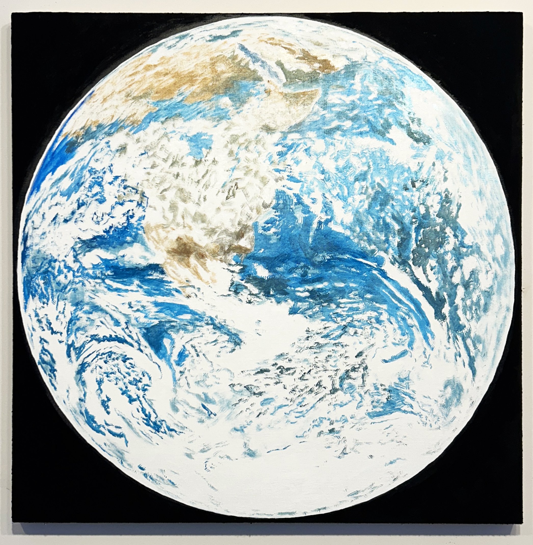 Painting of Earth with white, blue, and brown colors, showing continents and oceans, set against a black background.