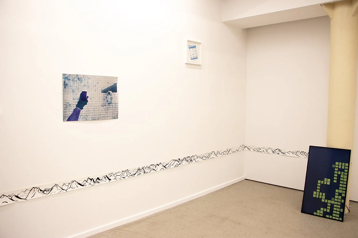 Left: Mark Rice, 2026, "Gracious for Endless Foothills: a preface and ode to This Time Next Year"  ----- India ink on primed canvas. 4.5 inches by roughly 20 ft / Brad Ewing, "Lost in Reality", 2026, Silkscreen on Paper, 22" x 30" / Jomar Statkun, 20
