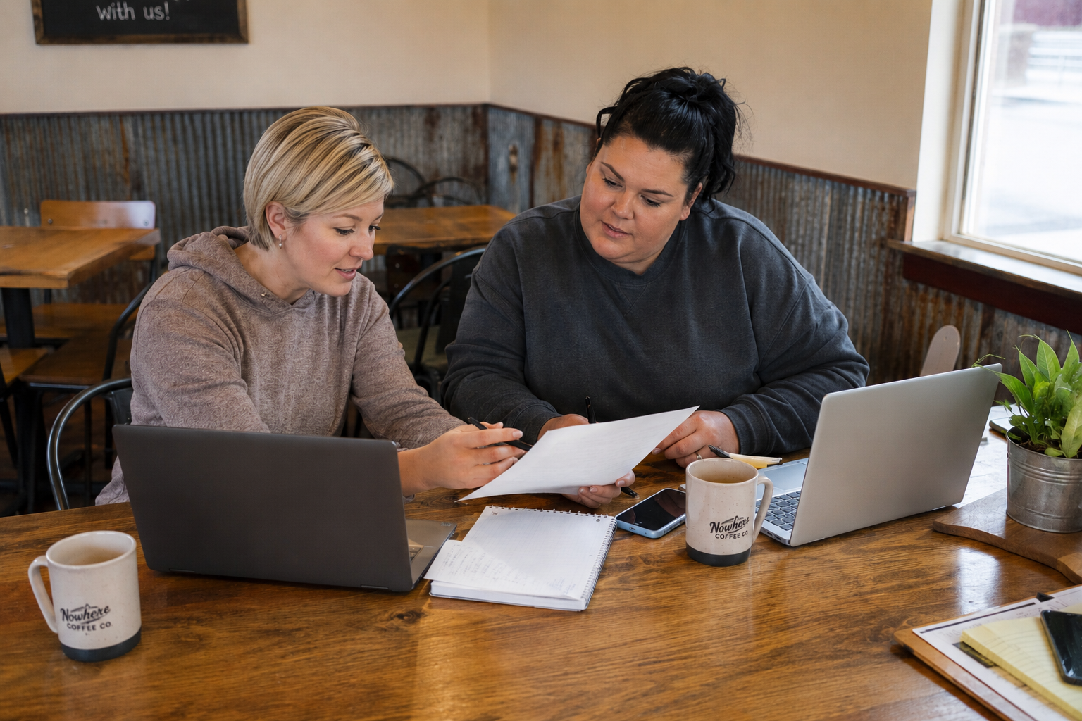 Two Kansas business owners reviewing LLC documents together at a table.