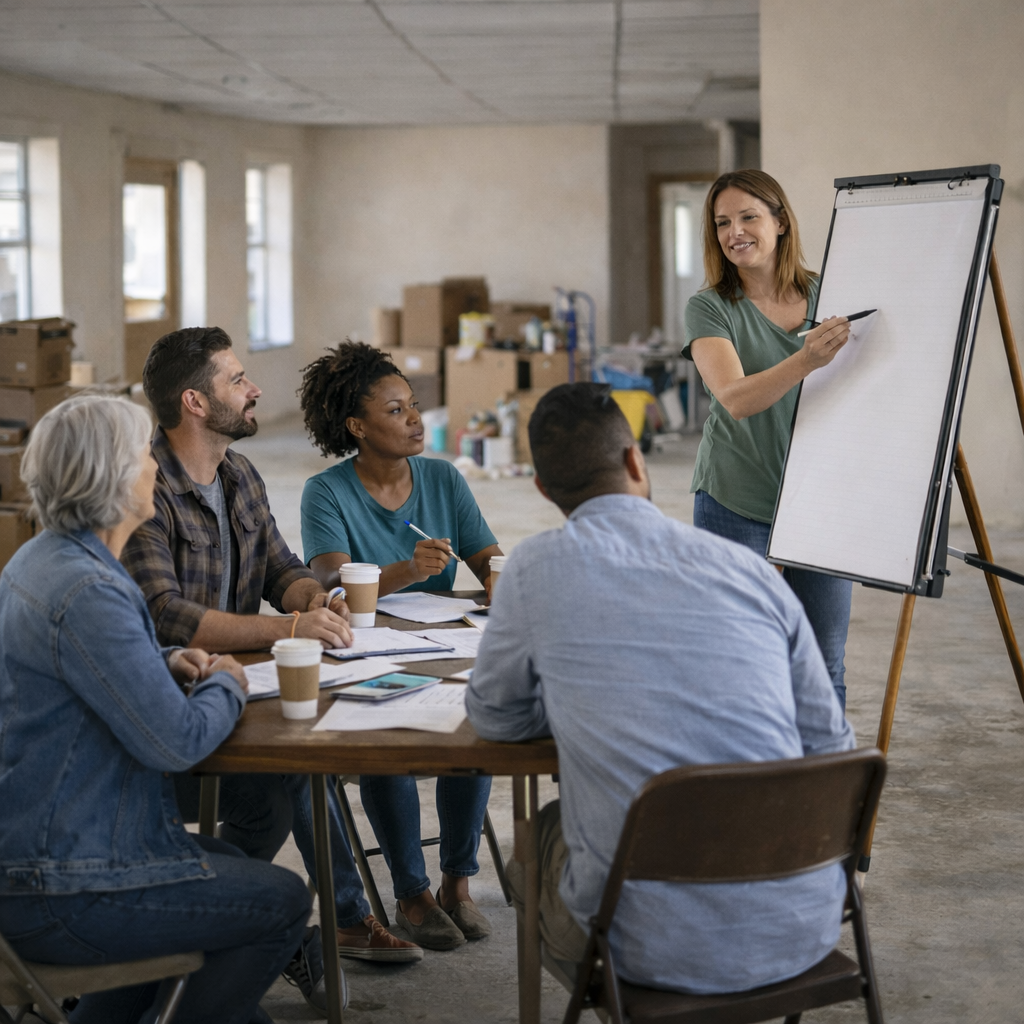 Community volunteers planning a nonprofit project in a small Kansas town.