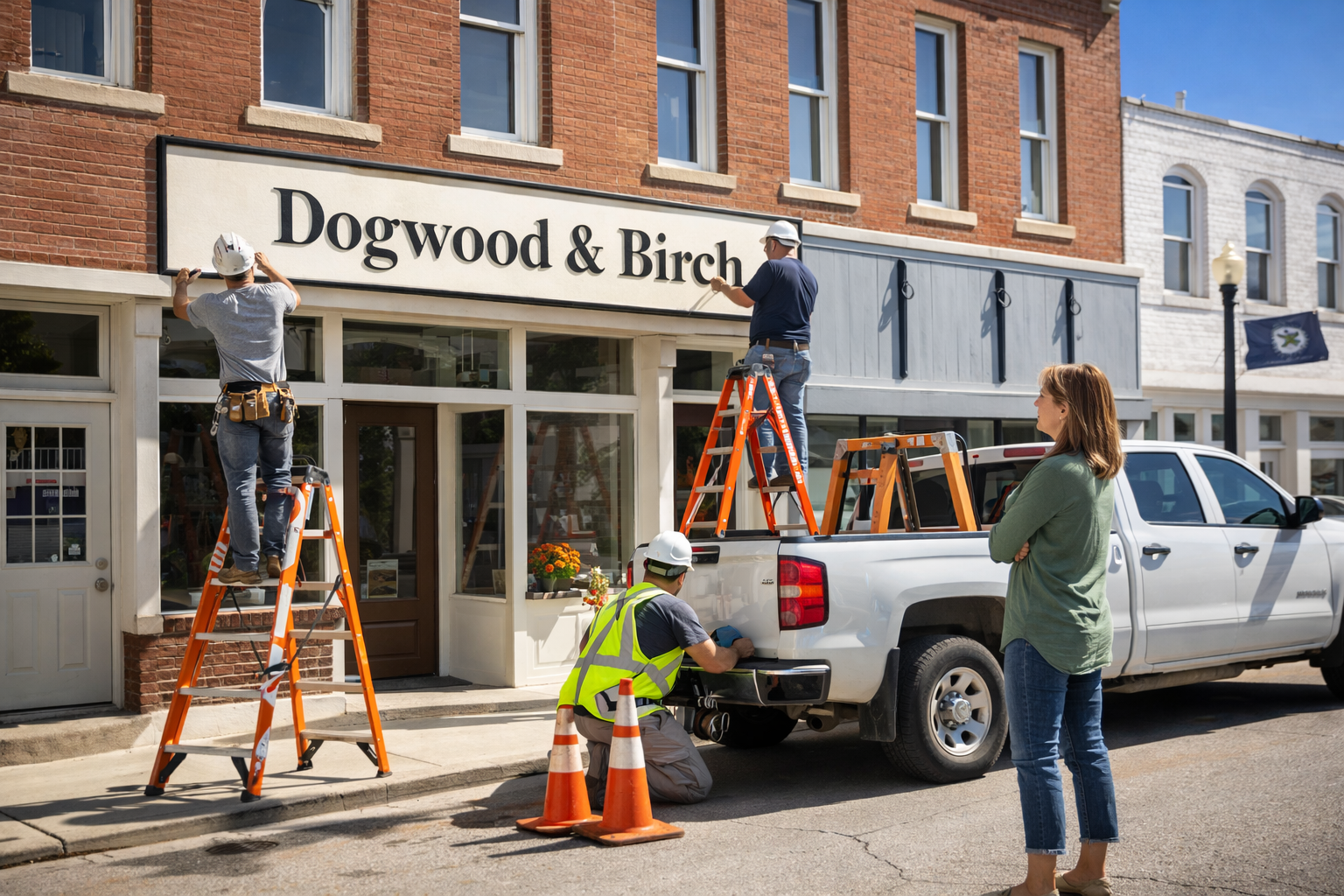 Crew installing a new storefront business sign while the owner watches on a small-town Kansas main street.