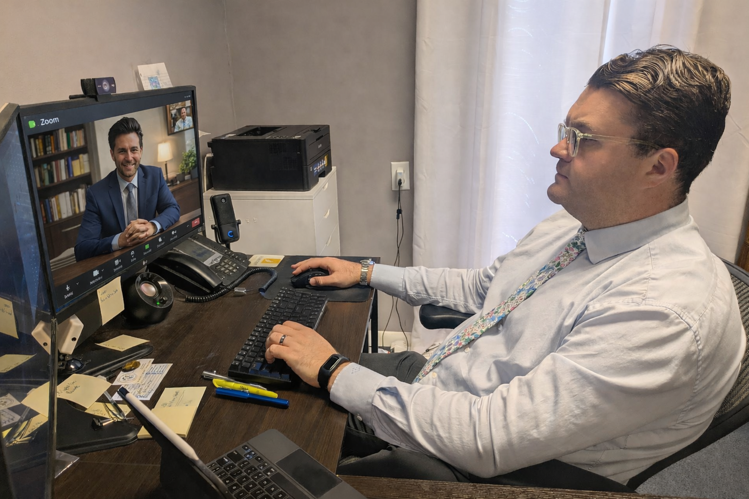Kansas Lawyer Attorney Chris Ambrose from Harvest Legal meets with a business client via Zoom and videoconference and teleconference.