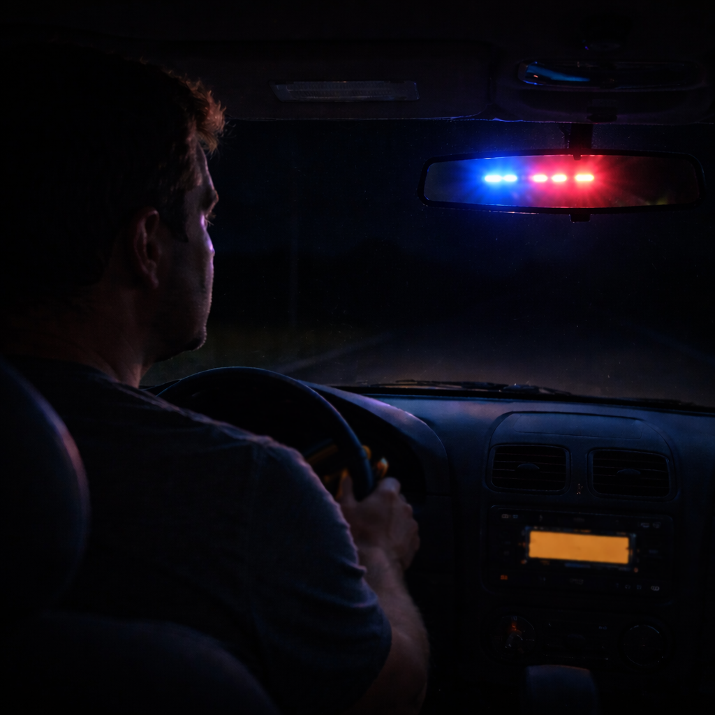 Alt text: Police vehicle with flashing lights during a traffic stop on a rural Kansas road at dusk.