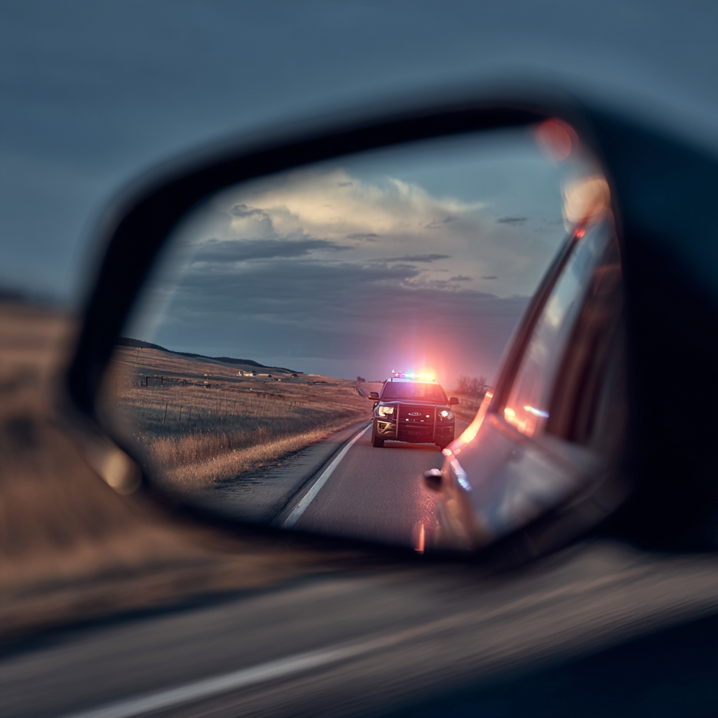 Police vehicle with flashing lights reflected in a driver’s side mirror on a rural Kansas highway at dusk.