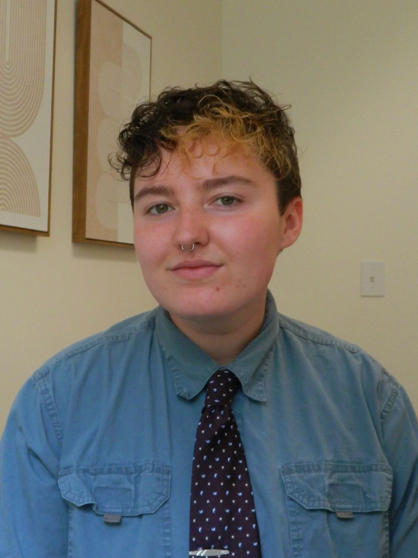 A young person with short, curly hair, some dyed blonde, wearing a light blue button-up shirt and a dark polka dot tie, sitting in a room with beige walls and abstract art hanging on the wall.