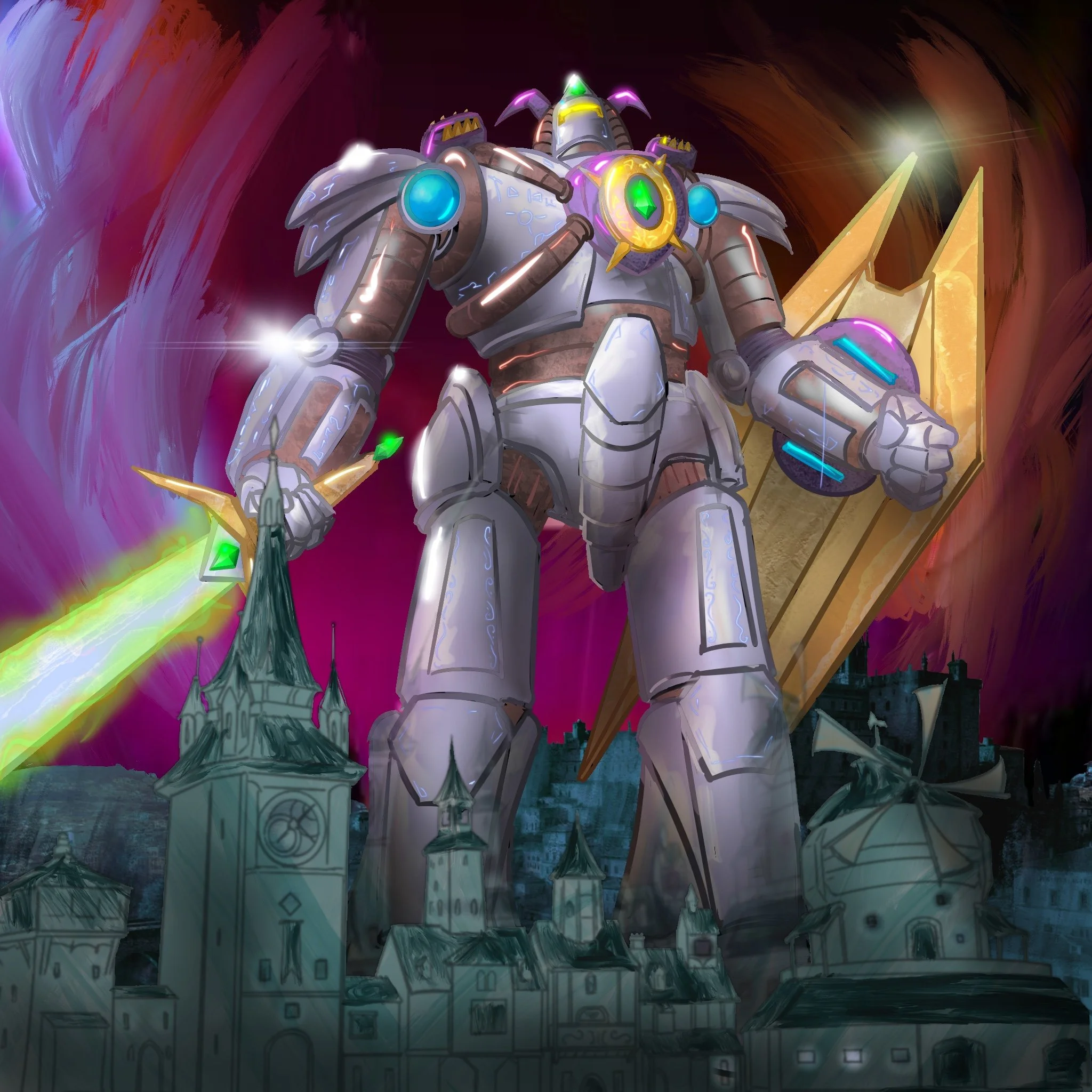 Cover of the May 2026 issue of Electric Spec. A gigantic robot stands over a city, holding a sword and shield.