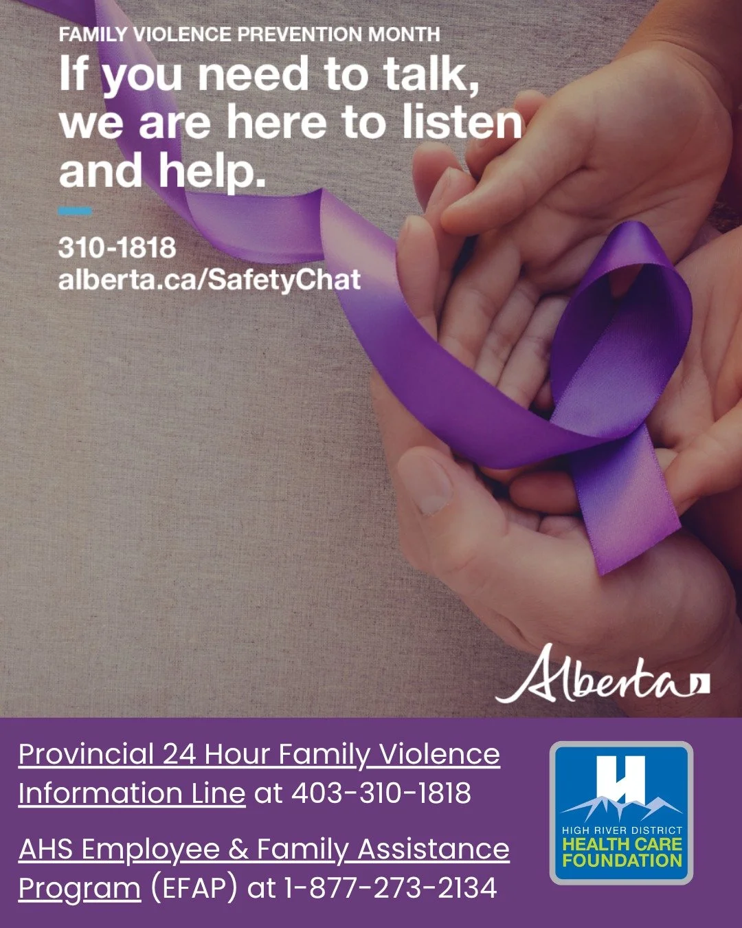💜 This November, we recognize Family Violence Prevention Month across Alberta.

📞 For 24/7 support in Alberta:
&bull; Family Violence Info Line &ndash; 310-1818 (toll-free, in over 170 languages)
&bull; Info Line Chat &ndash; available daily in Eng