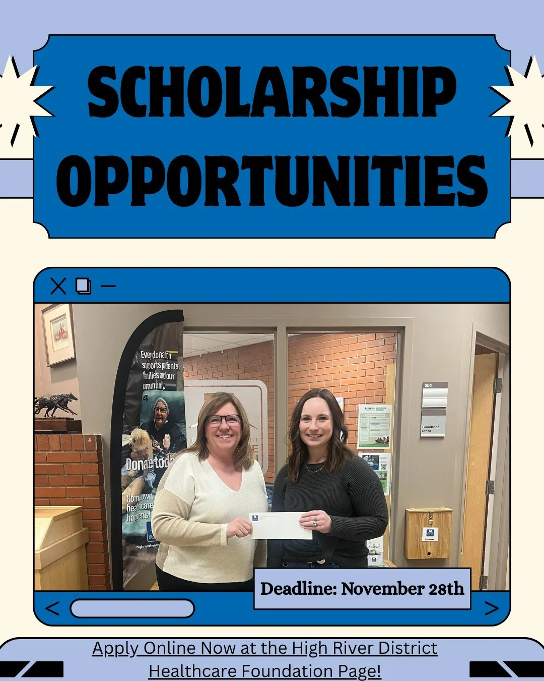 🎓 Investing in the Future of Local Healthcare! 🎓

The High River District Healthcare Foundation and the High River Hospital Auxiliary are accepting applications for two opportunities:

✨ Foundation Scholarship
✨ Hospital Auxiliary Bursary

These pr