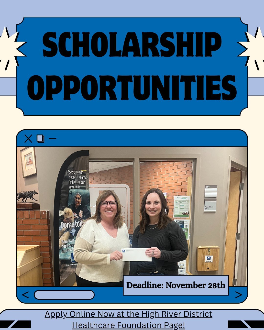 The Foundation Scholarship &amp; Hospital Auxiliary Bursary help local healthcare staff upgrade skills through degrees, diplomas, certificates, or courses; supporting top-quality care in High River &amp; Nanton.

📅 Deadline: Friday Nov 28, 2025

App