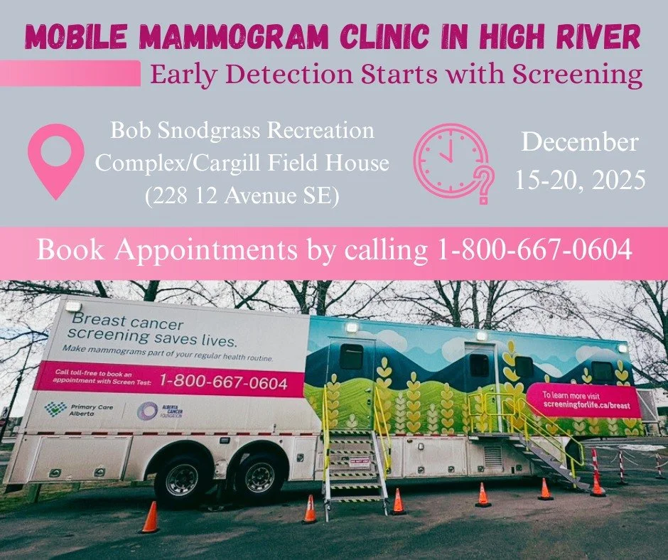 🩺 The Screen Test mobile mammography clinic is in High River! Eligible individuals aged 45&ndash;74 can access free breast cancer screening at the Bob Snodgrass Recreation Complex until December 20th. 

🩷 There are lots of appointment openings all 