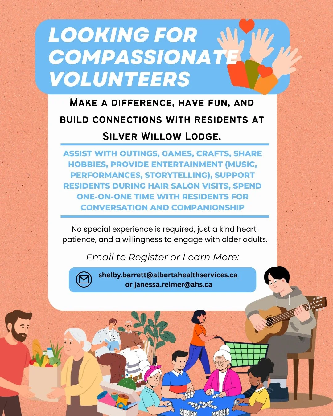 ✨ Volunteers Needed at Nanton Silver Willow Lodge ✨

Looking to make a difference and form meaningful connections? We&rsquo;re seeking compassionate volunteers to help enrich the lives of the older adults who call Silver Willow Lodge home. 💙

From j