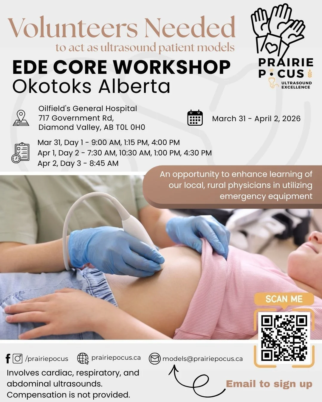 ‼️Happening this week‼️

Interested in helping support the training of local healthcare professionals? Prairie POCUS is looking for volunteer patient models to assist with ultrasound training for physicians.

Who: Volunteers of any age (minors may re