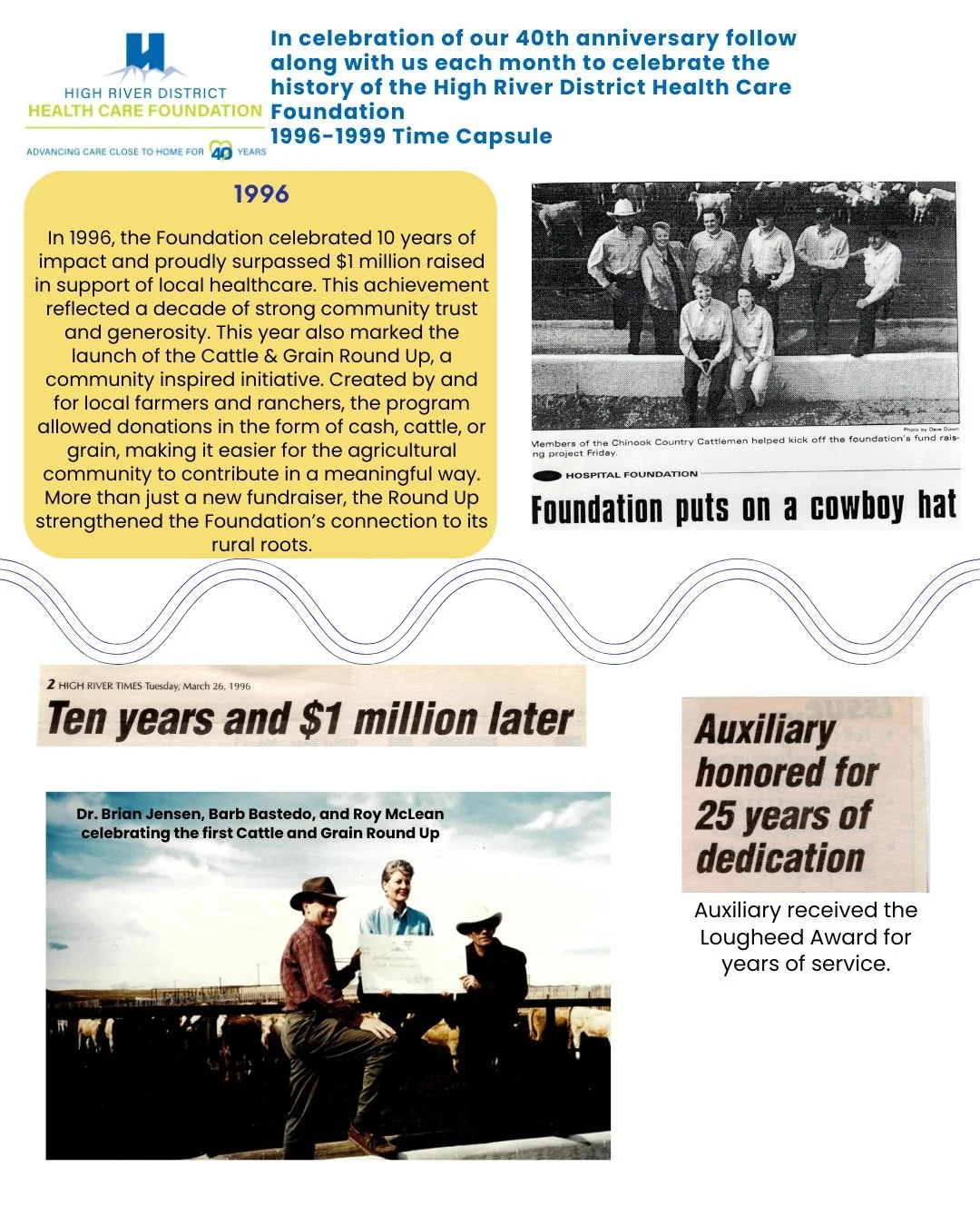 From milestones to momentum 💛 Over the late 90s, the Foundation marked 10 years of impact and surpassed $1 million raised for local healthcare. 1996 saw the launch of the Cattle &amp; Grain Round Up, an initiative rooted in community spirit and agri