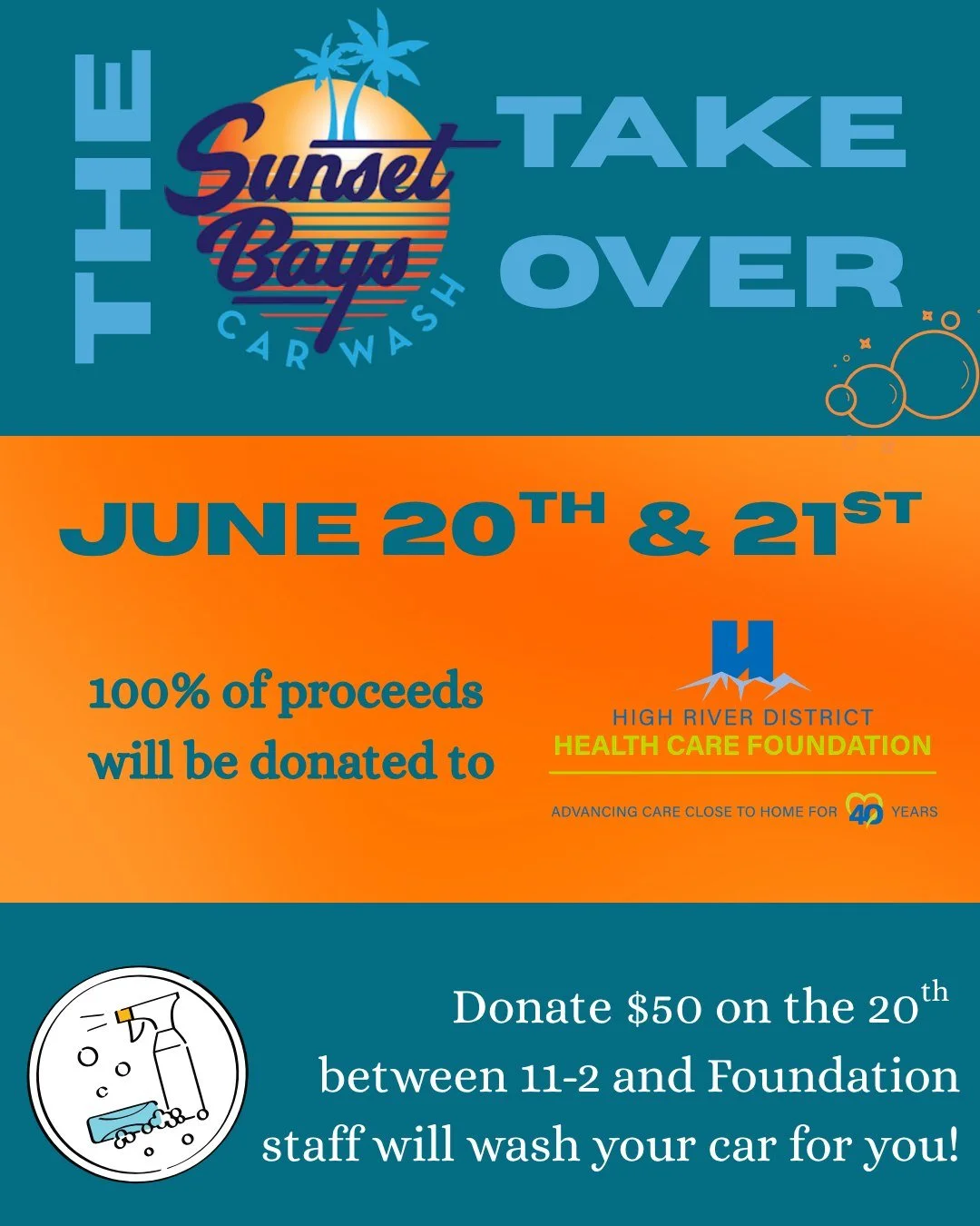 🚗The Sunset Bay Car Wash Takeover is happening June 20 &amp; 21! 🚗

For these two days, all proceeds from car washes will go directly to supporting the High River District Health Care Foundation ❤️

Come see us on Saturday, June 20th, where our tea