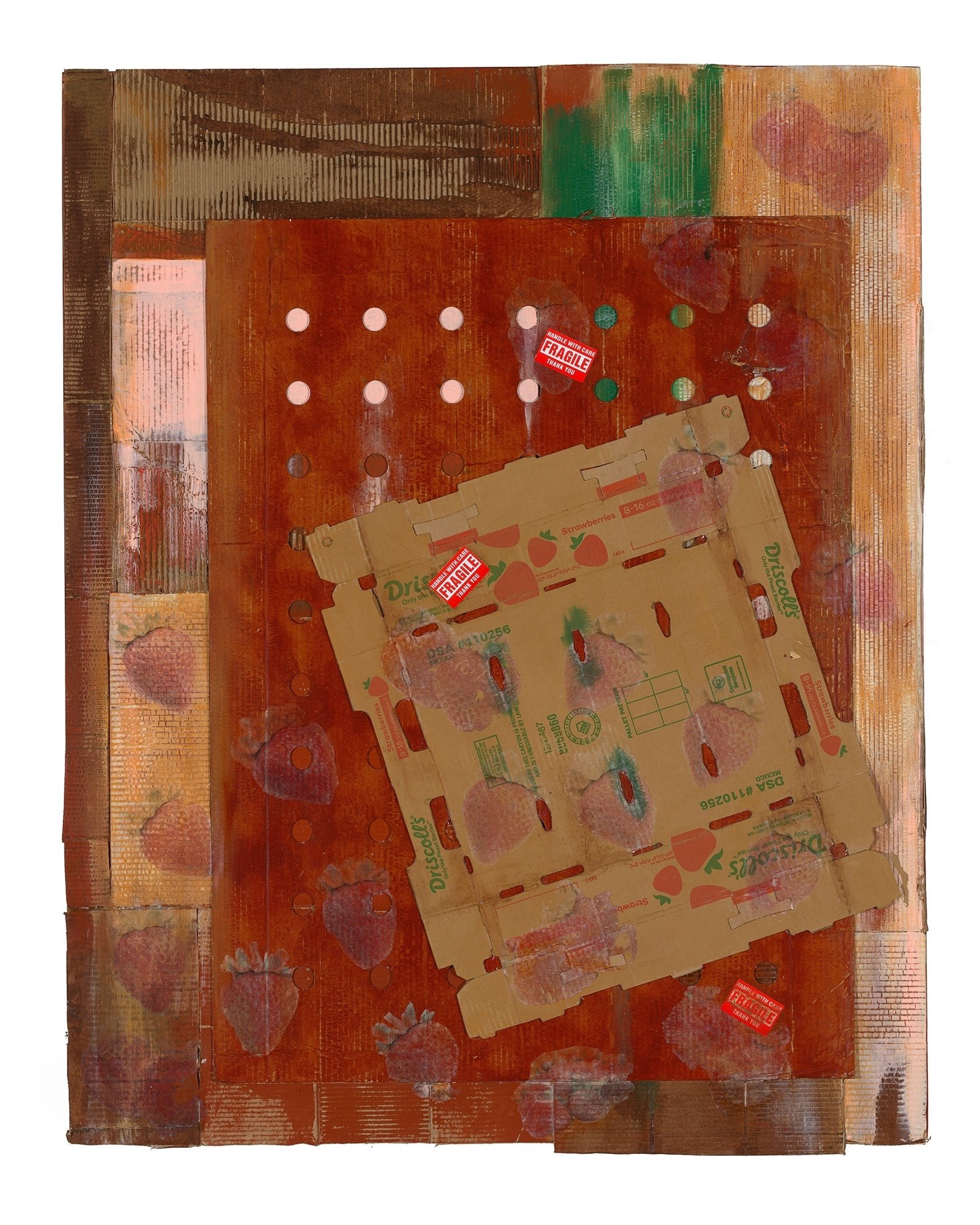 O'Connor_Pat_%22Strawberry Days_salvaged cardboard and papers, acrylic paint, transfer prints, on birch panel_ 60%22 H x 48%22 W x 2%22 D_2026.jpg