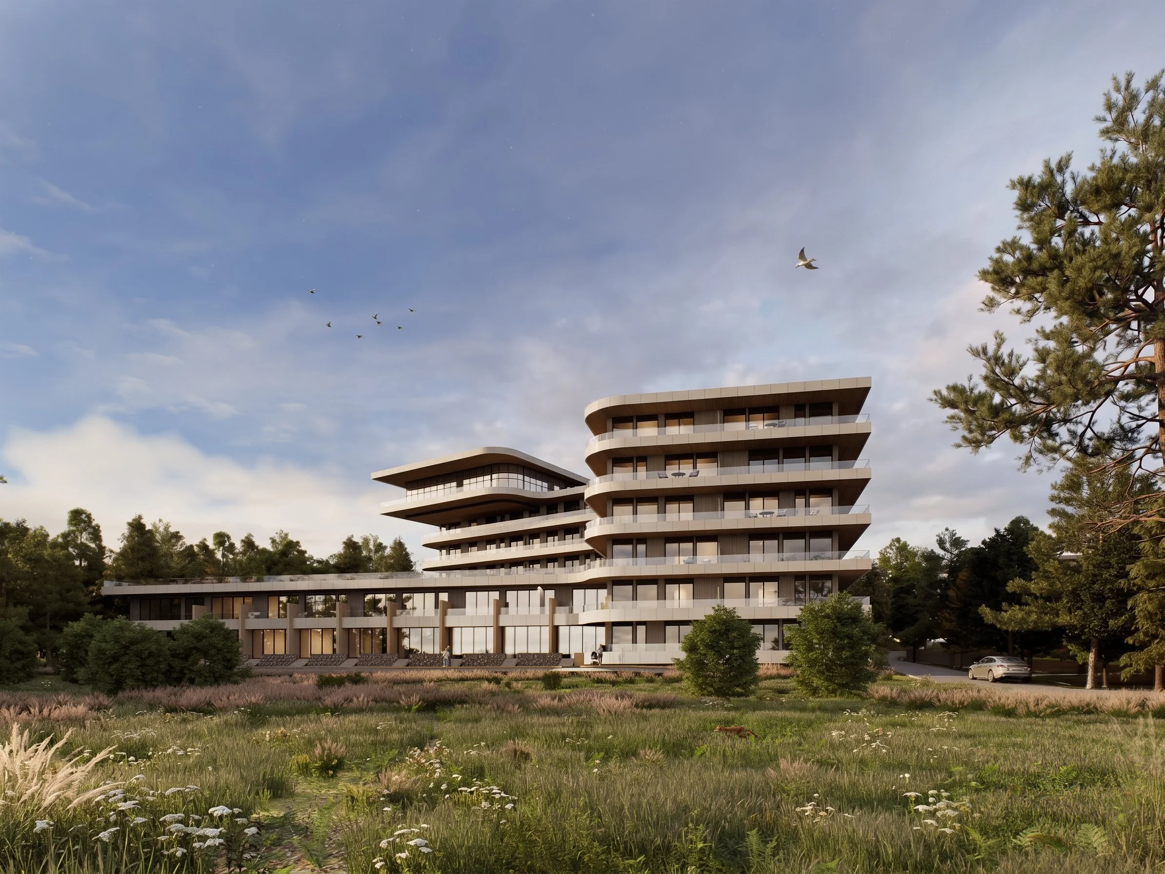 A modern architectural house with three wings labeled 'Utilize,' 'Gather,' and 'Rest,' connected by glass corridors, featuring a central courtyard with greenery.