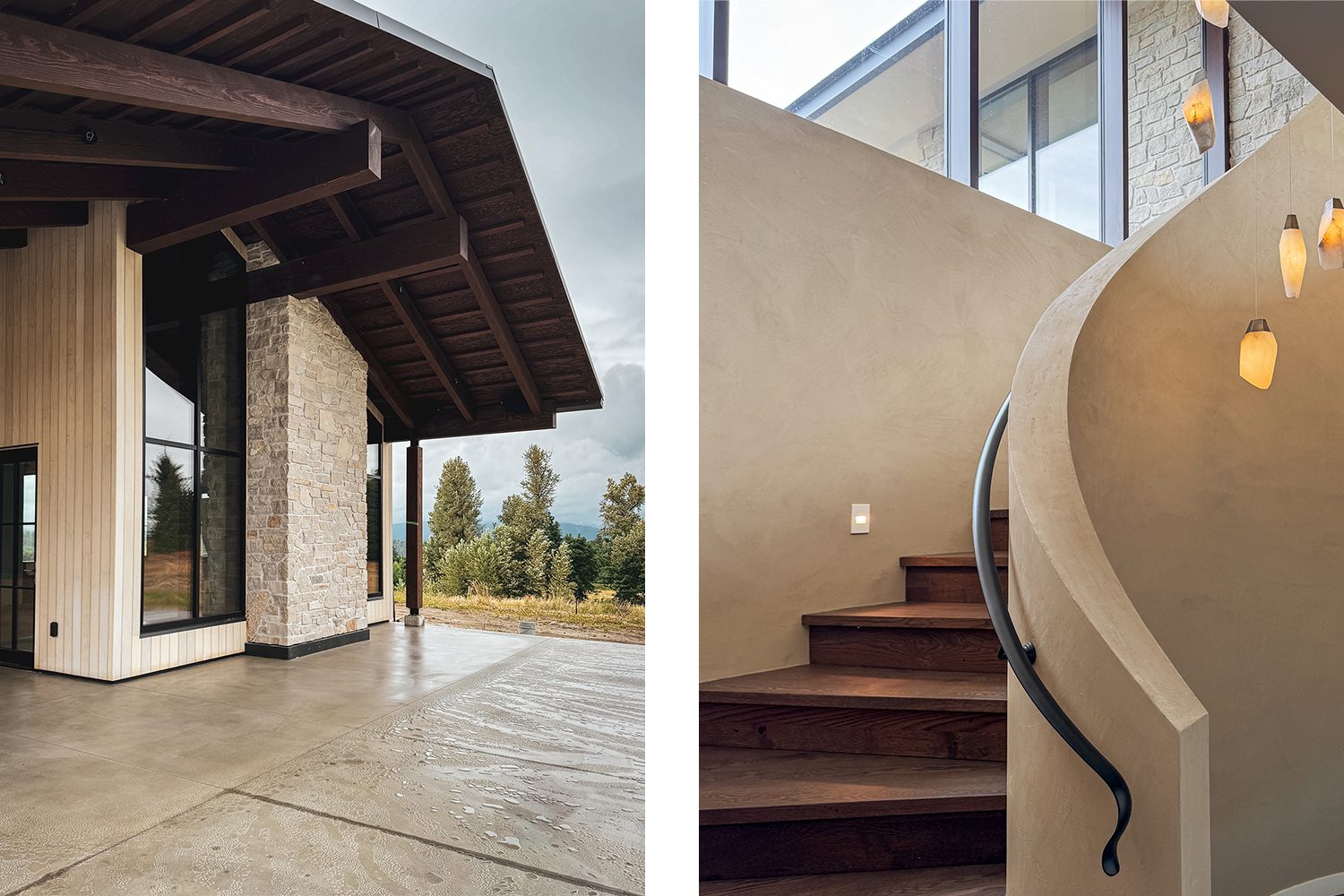 Exterior view of a modern house with a covered patio and large glass windows, surrounded by trees on a cloudy day; interior view of a curved staircase with wooden steps and decorative wall-mounted lights, against a beige wall with large windows.