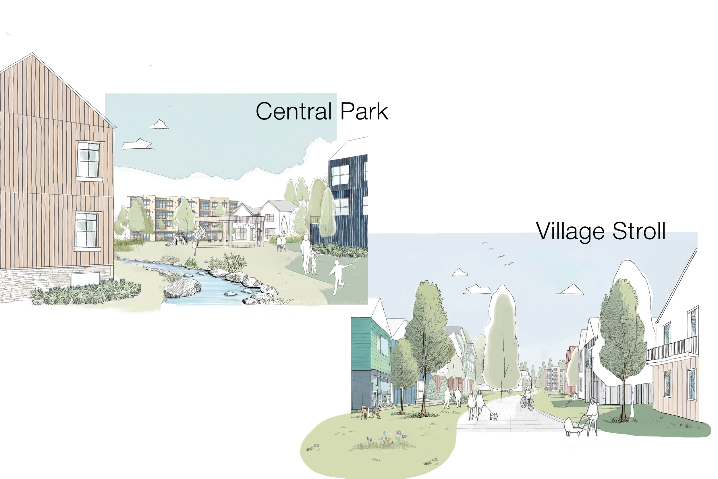 A site map illustration showing different types of residential buildings, including apartments, cottage duplexes, village townhouses, and lakewalk townhouses, each with color-coded icons and descriptions.