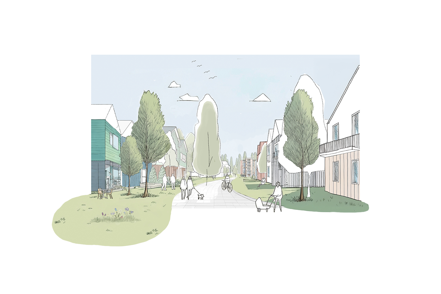 Illustration of a residential neighborhood park with walking paths, trees, people walking and cycling, and modern houses on both sides.