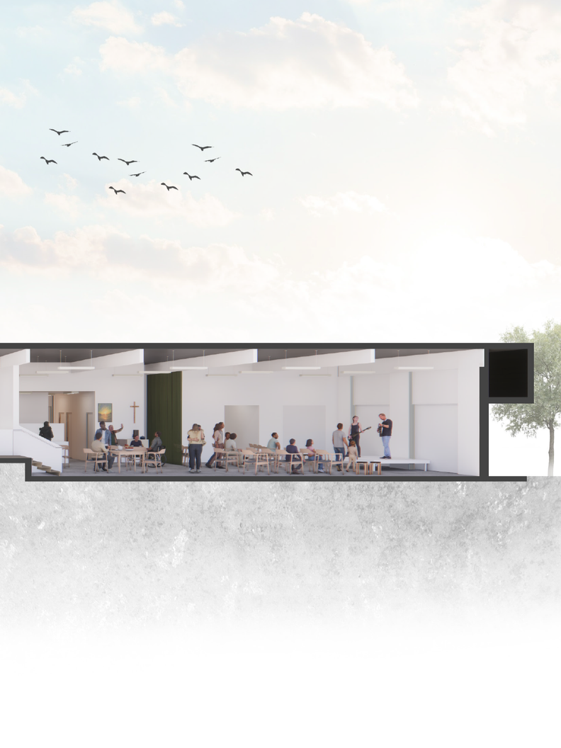 Cross-section of a modern church interior with people sitting and standing, a stage with musicians, and a cross on the wall. Outside, the sky is partly cloudy with a flock of birds flying.