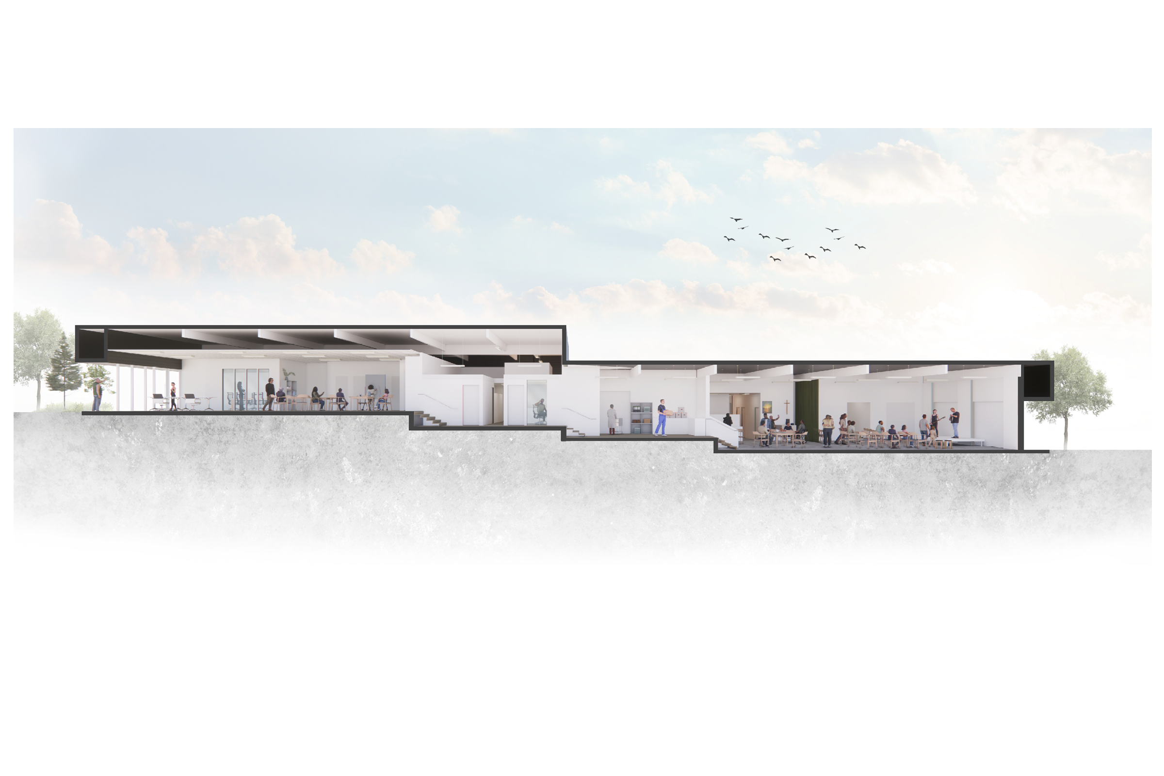 Architectural section illustration showing people gathering, sharing a meal, and working in office-style spaces.