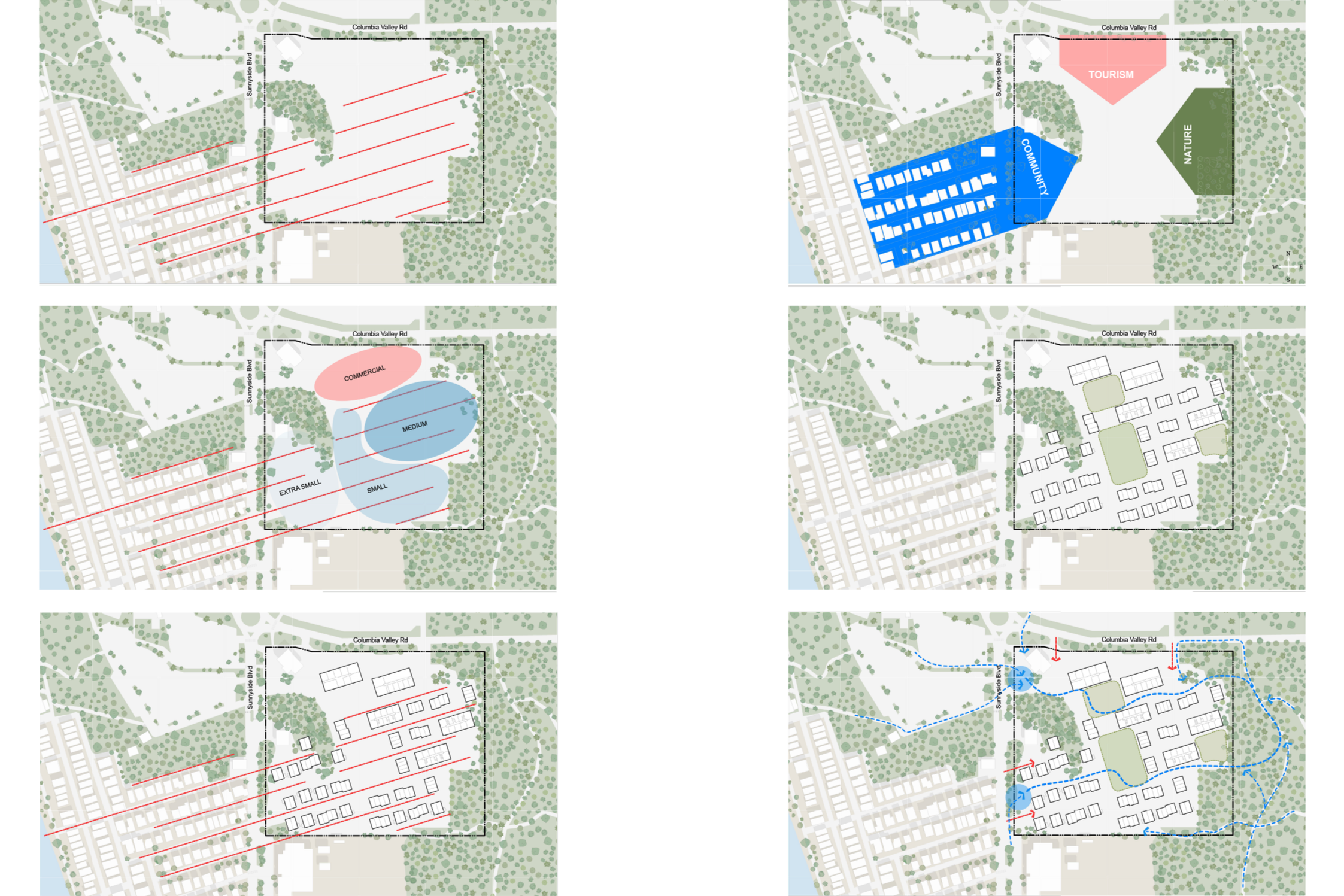 A  site plan showing parking areas, building layouts, pedestrian pathways, and designated zones, with labels for main entries, parking, and green spaces.