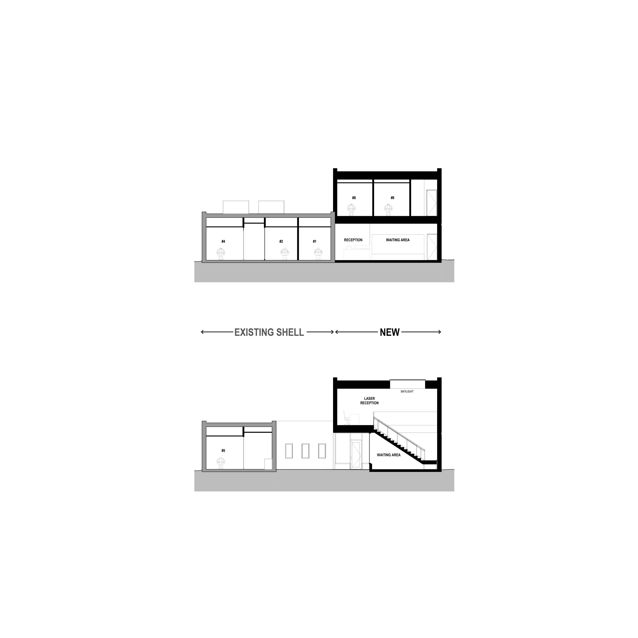 Architectural section drawing showing existing and new building extensions, with reception, waiting area, laser reception, and skylight.