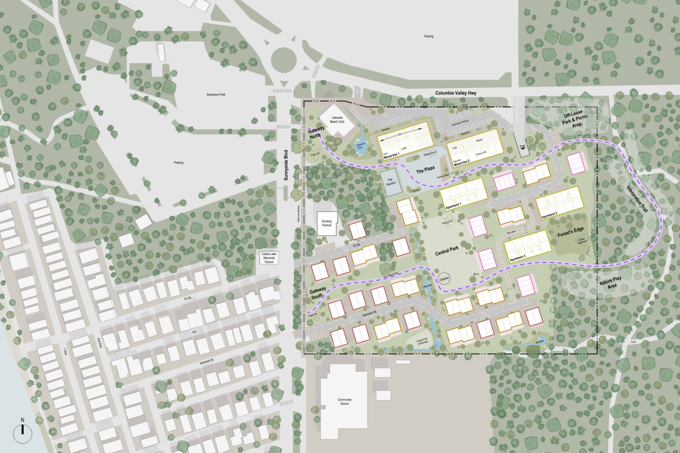 A detailed site plan of a community development including residential buildings, parks, a community school, parking lots, roads, and green spaces. Features labeled such as The Plaza, Central Park, and Off-Lease Park & Picnic Area.