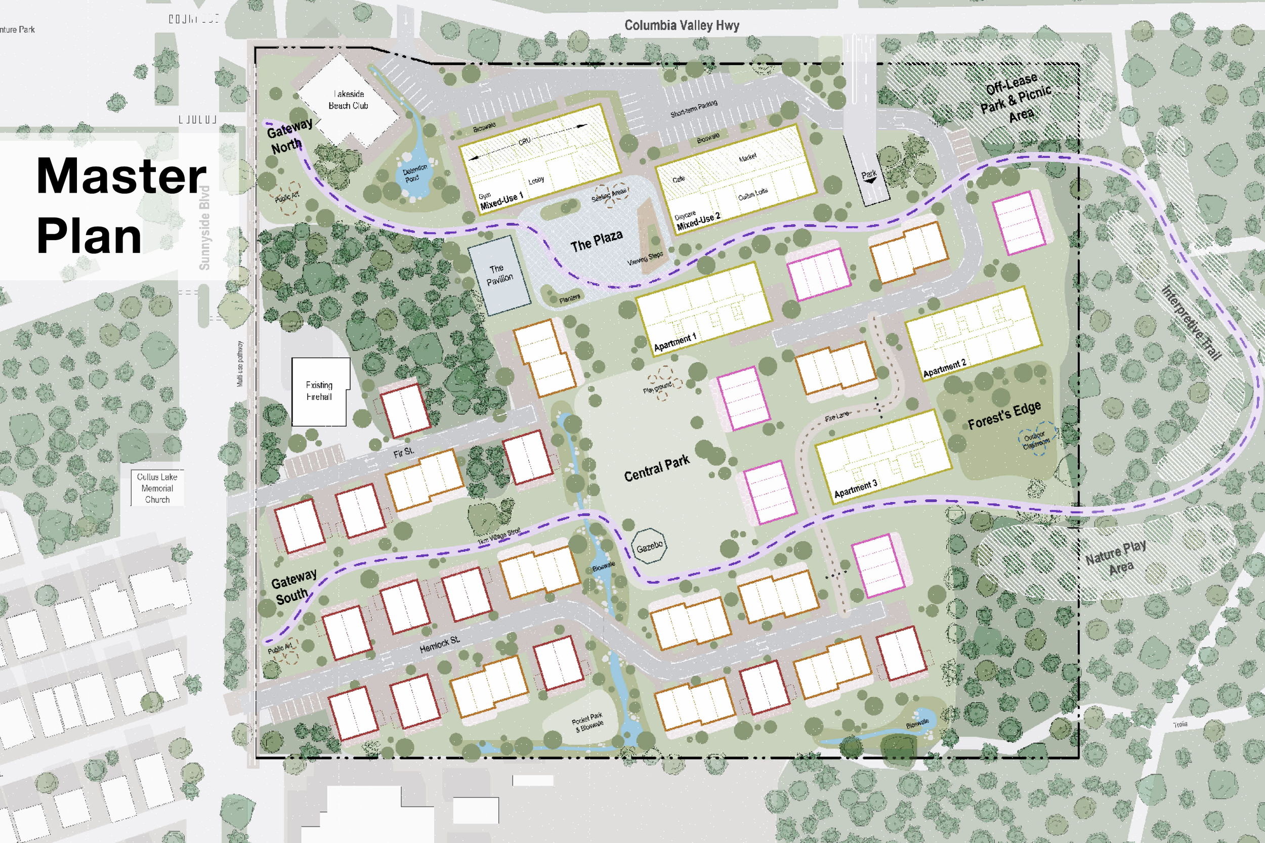 A detailed site plan of a community development including residential buildings, parks, a community school, parking lots, roads, and green spaces. Features labeled such as The Plaza, Central Park, and Off-Lease Park & Picnic Area.