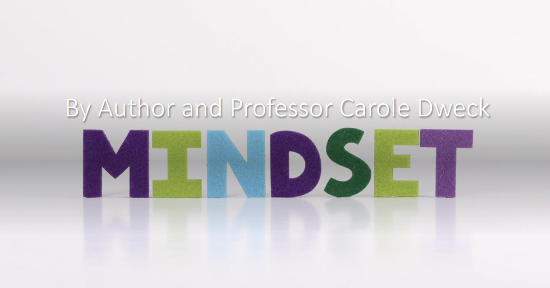 Colorful felt letters spell out 'MINDSET' with the author and professor Carole Dweck's name above.