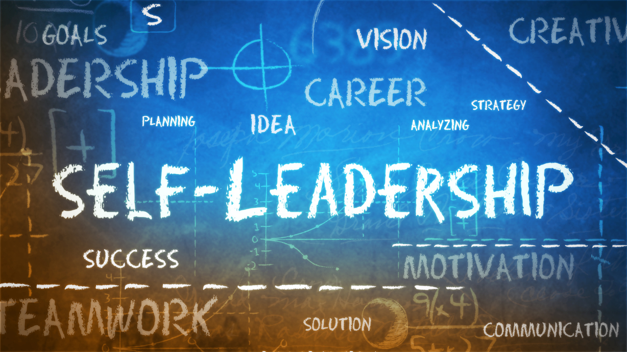 Chalkboard with words related to self-leadership, including 'self-leadership', 'success', 'teamwork', 'motivation', and 'creativity', along with terms like 'vision', 'career', 'strategy', 'analyzing', and 'idea', and sketches of graphs and diagrams.