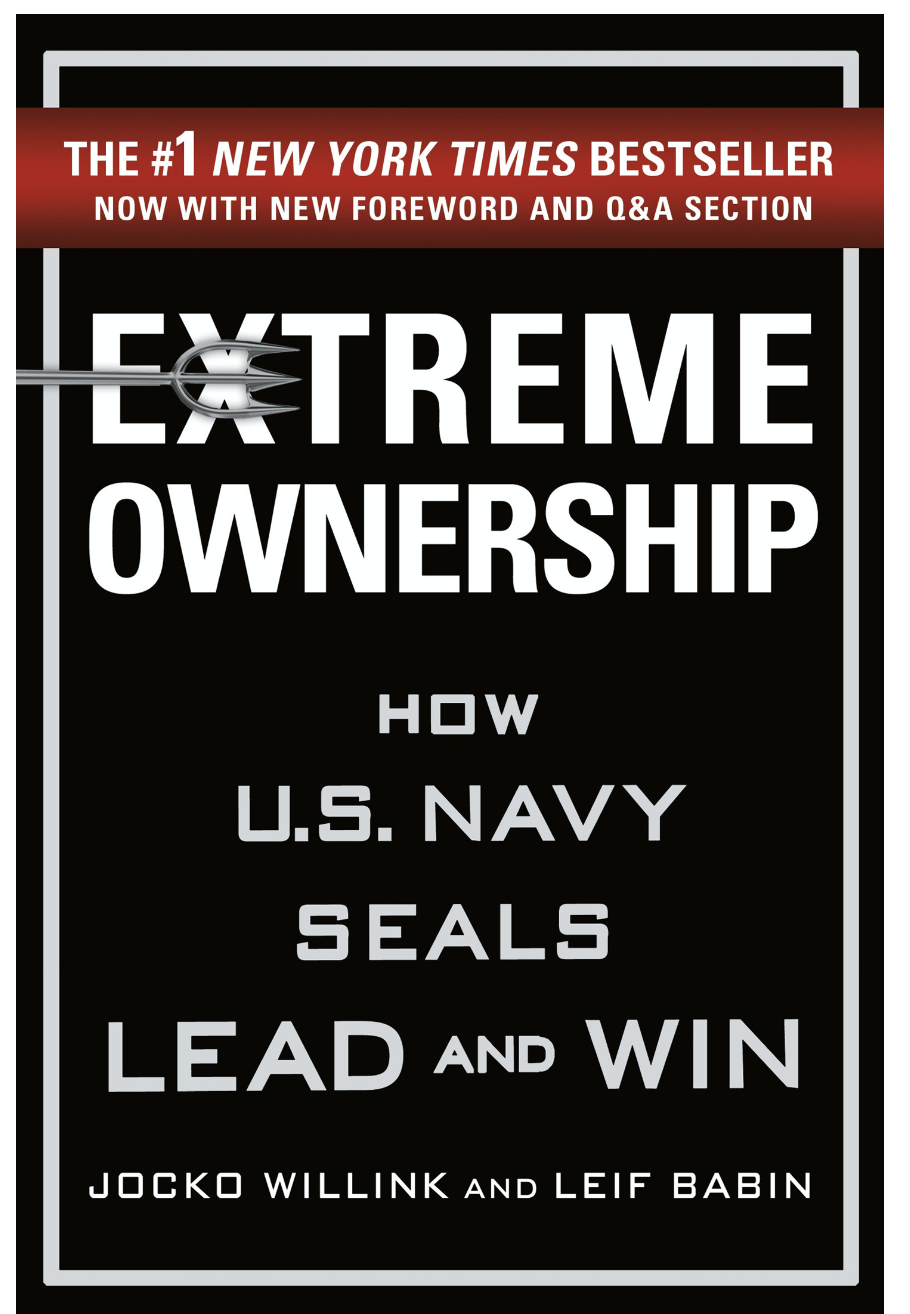 Book cover titled "Extreme Ownership" by Jocko Willink and Leif Babin, with a red banner at the top stating "The #1 New York Times Bestseller, Now with New Foreword and Q&A Section." The cover features a black background with white text and a graphic of a silver trident piercing through the letter X in the word "Extreme."