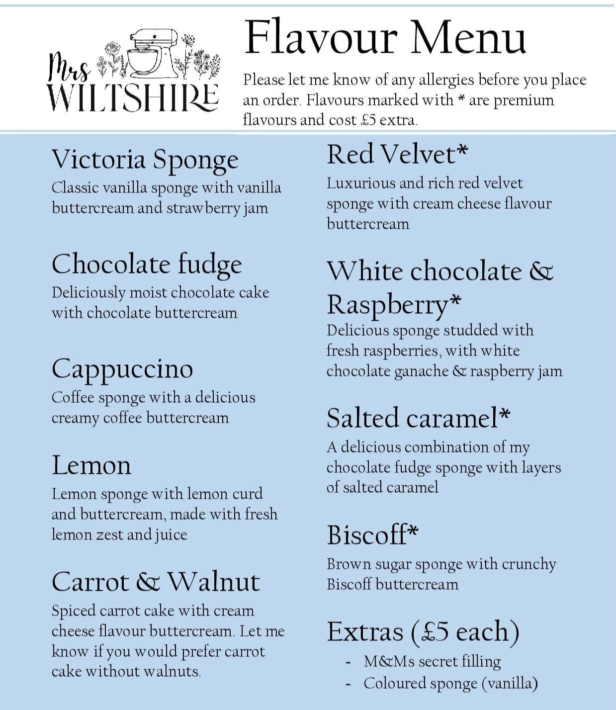 Menu of flavours for Mrs Wiltshire's occasion cakes and wedding cakes